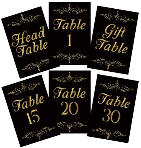 GOMAKERER 32 Stück Tischnummern Hochzeit 1`30, schwarz Goldene Tischkarten Vintage Nummern Zahlen Für Hochzeiten Mit Kopf Geschenk Tischkarte Party Für Geburtstag Brautparty