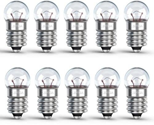 Caldarax 10 Stück Kugellampe E10 DC 2.5V, 0.3A, Warmweiß 3000K, E10 Glühlampe Glühbirne Miniatur Schraubfuß, Ersatzlampe für Elektrische Experiment, Taschenlampen, Krippenbeleuchtung, Warnleuchte