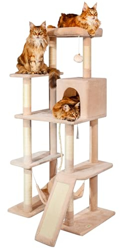 PAITSY Cat Tree XL Scratching Post for Cats, 1 Perch, 1 Kennel, 1 Hammock, Ball, Sisal Columns, Plush, Height 160 cm, Beige, 5 Year Guarantee Paitsy