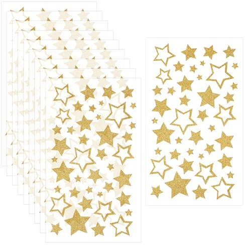 LXUEJIE 10 Blatt Stern Aufkleber, 420 Stück Glitzer Stern Sticker Etiketten Selbstklebend für DIY Weihnachten Deko Weihnachtskarten Bastelarbeiten(Gold)