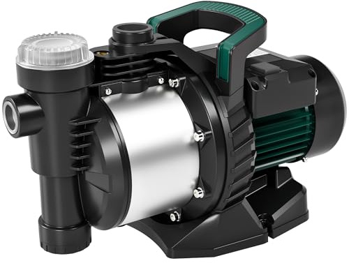 LANCHEZ Gartenpumpe 5000 l/h Fördermenge, 1300 W, 50 m Förderhöhe | Ansaughöhe bis zu 7 m, Mit Filter, Wasseranschluss und Ablass, Wasserpumpe für Regenfässer, Zisternen, Gartenteiche