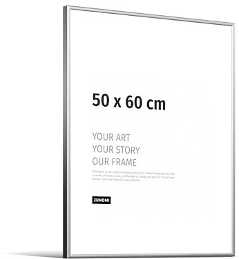 JUNOMI® Bilderrahmen 50x60 cm, Aluminium Silber matt, moderner Posterrahmen | Moderner schmaler Rahmen aus Aluminium mit bruchsicherem Acrylglas, Hoch- und Querformat, für Fotos, Poster und Kunstdrucke