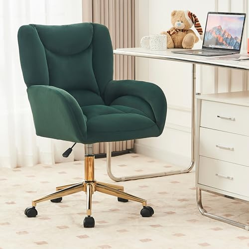 A ALFRESCOOL Sessel, Lesesessel, Drehstuhl, Loungesessel, Bürostuhl, Velvet-Stoffmaterial, Höhenverstellbarer, mit Goldenen Beinen, für Wohnzimmer, Schlafzimmer, Büro, Balkon, 64×62×92.5cm (Grün)