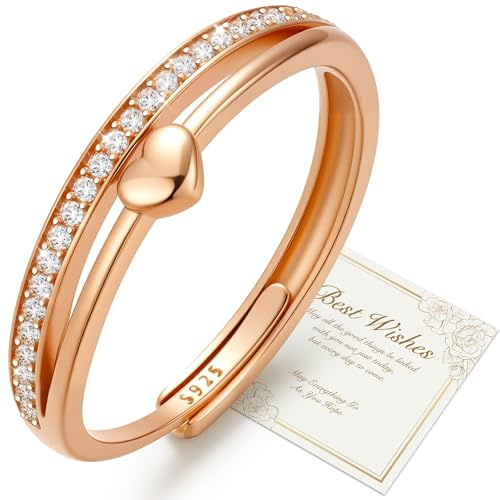 J.Fée Anello Donna Argento 925 Con Zirconi 5A, Anelli Donna in Oro Rosa Regolabile, Fidanzamento Anello Promessa Anelli in una Confezione Regalo, Elegante Gioiello Regalo Donnas, Oro-Rosa