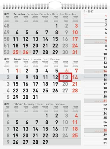 rido/idé 7033330007 3-Monatskalender 2027 grau, 300×390 mm: 1 Blatt = 3 Monate