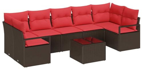 vidaXL Sofa Set 8 pcs Braun und Rot Poly-Rattan, Stylisches Garten- und Terrassensofa-Set, Moderne Outdoor-Sitzgelegenheiten, langlebige Poly-Rattan-Möbel für vielseitige Nutzung