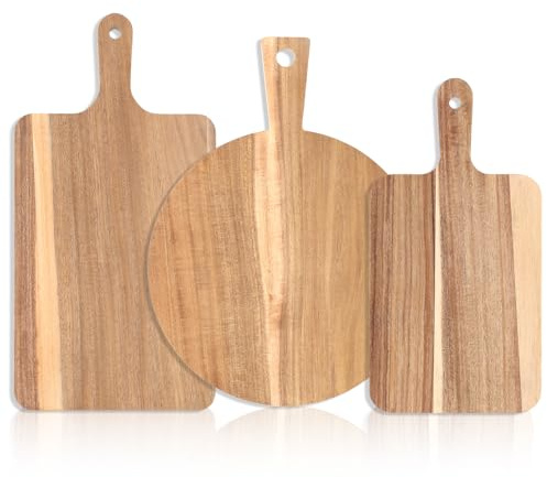 3 Pcs Acacia Wood Chopping Boards with Handle, Square & Round Wooden Paddle Cutting Board Set Kitchen Food Serving Trays for Charcuterie Meat Pizza Cheese Bread Fruit Vegetables