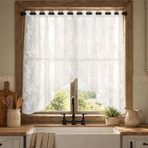 WOKICOR Gardinen Weiß 150 x 100 cm Scheibengardinen mit Schmetterlingen | Kurzgardinen aus Spitze für Küche Bad Wohnzimmer und kleine Fenster im modernen Landhausstil