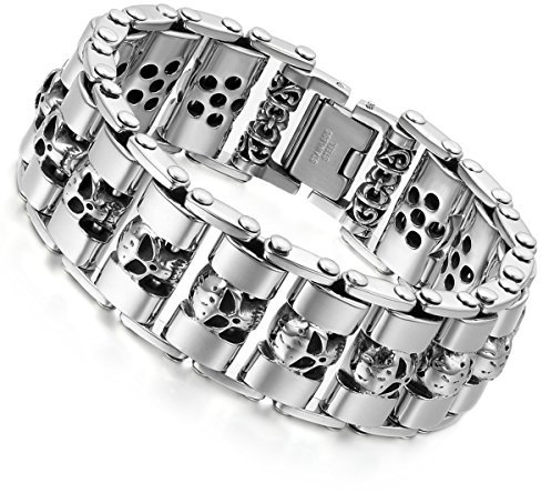 Cupimatch Biker Armband Herren Groß Schwer Breit Edelstahl Gothic Totenkopf Schädel Link Kettenarmband Armkette Armreif für Männer (Silber)