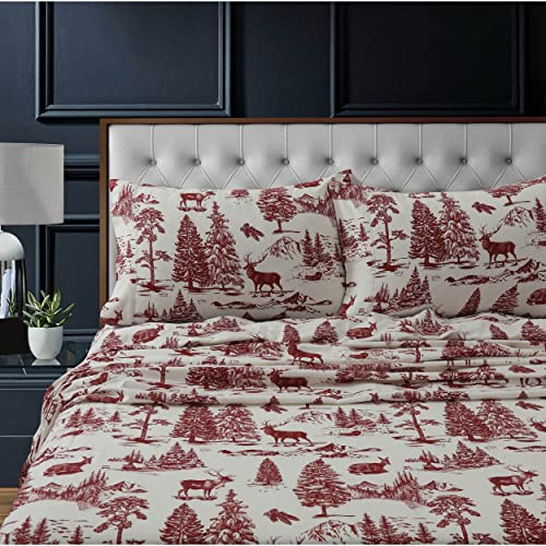 Tribeca Living Flannel Sheets King Size - 100% Cotton Flannel Sheet Set, 200 GSM Deep Pocket King Flannel Sheets, 4 Piece Ultra Soft Brushed Cotton Flannel Sheet in Deer Toile Deep Red Print
