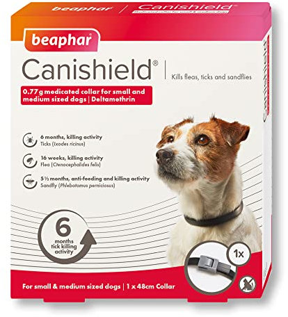 Beaphar - Canishield Medicated Dog Flea Collar - Kills Fleas, Ticks & Sandflies - Adjustable for Small/Medium Dogs (up to 48cm) - Long-Lasting Protection - Vet Strength Treatment