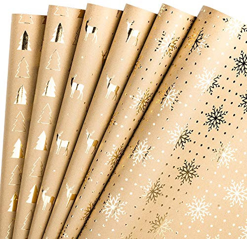 RUSPEPA Einwickeln Von Papierblättern Kraftpapier - Goldfolie Im Weihnachtsbaum- Und Rentierdesign - 44,5 X 76 cm Pro Blatt, Insgesamt 6 Blätter, Verpackt In 1 Rolle