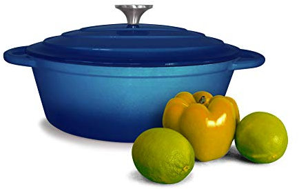 Cast Iron Pot with Lid Non-Stick Enamelled Casserole Dish - Oven Safe Heavy Duty Dutch Oven – 28cm Oval – Blue 3.5L
