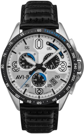 AVI-8 Herren 43mm P-51 Mustang Blakeslee Chronograph Command Pilot Japanische Meca-Quarz Fliegeruhr mit Lederarmband AV-4077-01