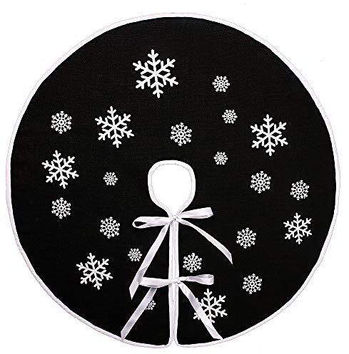 N&T NIETING Christmas Tree Skirt, 30 Inches White Snowflake Printed Black Rustic Burlap Tree Skirt, Farmhouse Xmas Tree Holiday Decorations