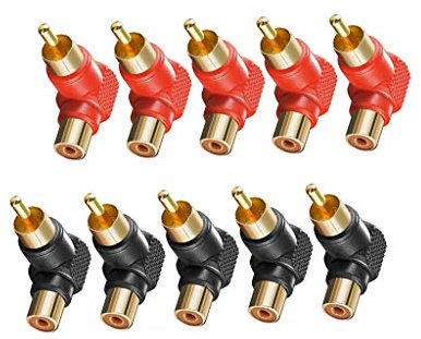 Inzopo 10 paquetes de adaptadores de conector de ángulo recto RCA M/F cable de codo de 90 grados