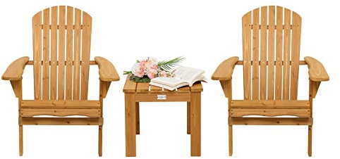 VINGLI Folding Wooden Adirondack Chair Set of 2 and Table Set, Fire Pit Seating Ergonomic Design, Folding Outdoor Patio Lounger Armchair Lawn Chairs Furniture w/Natural Finish, for Beach, Balcony