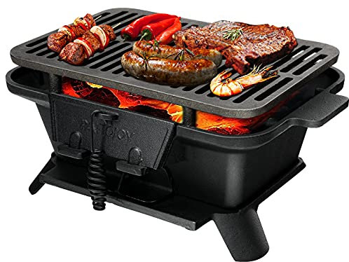 GOPLUS Holzkohlegrill, 40 x 27 x 18 cm Tischgrill mit 2 Grillrosten, Mobiler Campinggrill, Grilltopf mit Grillrost, mit Abnehmbarem Dämpfer, Wärmespeicherung & Isolierung, aus Gusseisen, für Camping