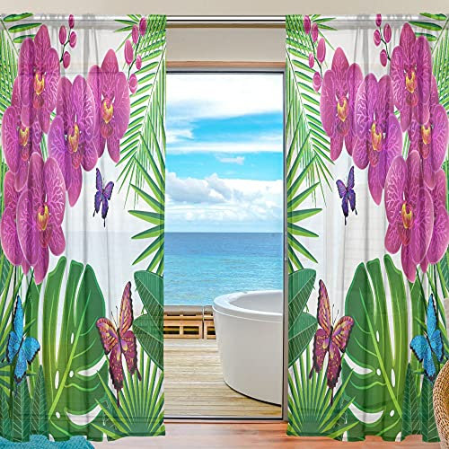 Durchsichtige Voile-Vorhänge, Orchideen und Schmetterlinge, Polyestergewebe, Fenstervorhang, für Schlafzimmer, Wohnzimmer, Heimdekoration, 2 Paneele, 213,4 x 139,7 cm