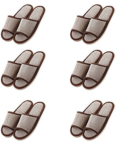 Teceyfeet Set di 6 Paia di Pantofole in Lino per Ospiti - Punta Aperta, Antiscivolo, Lavabili - 2 Coppia S, M, L Marrone - 30/43 EU