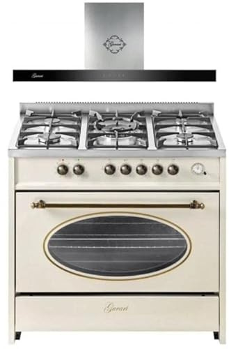 GURARI Gas Standherd, Herdset GCH E 914 CR r + GCH F 462 IS 9 Prime, Retro Backofenset 90 cm, Range Coocker 121 L, Elfenbein + Dunstabzugshaube, Wandhaube 90 cm, Edelstahl, Flachpanel, Abluft/Umluft