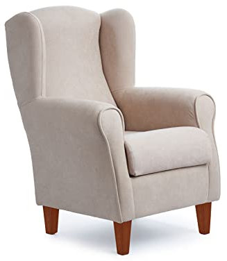 Sillonea - Sillón Orejero Roma, butaca pequeña para salón. Sillón de Lectura Individual, Ideal para Ver la TV/Leer. Medida: 100x74x77cm. Tapizado con Tela Antimanchas. (Beige, Cerezo)