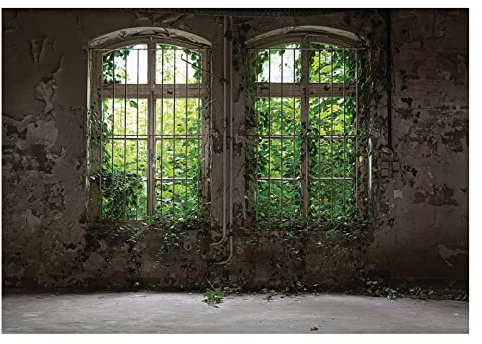 WallArena - Vlies Fototapete Fenster Pflanzen Blätter Vintage Betonoptik 104x70 cm - Fototapeten - Tapeten - für Wohnzimmer Schlafzimmer - Vliestapete Wandtapete Tapete 3D Effekt- inkl. Kleister