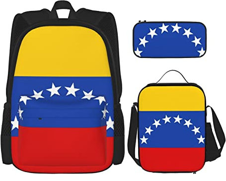 PRAHUCE Federmäppchen-Set mit 3 bedruckten Flaggen von Venezuela, für Jungen und Mädchen, mit Lunchbox und Federmäppchen