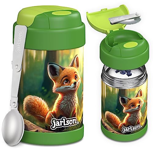 Jarlson® Thermobehälter Kinder YUMMY | Edelstahl Warmhaltebehälter Essen/Babybrei | Müslibecher to go mit Löffel | Joghurtbecher | Essensbehälter | Thermobecher | Wärmebehälter (450 ml, Fuchs)