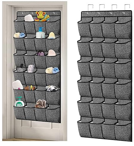 Qumeney - Almacenamiento de zapatos por encima de la puerta, estante colgante, soporte de almacenamiento de zapatos, 24 bolsillos grandes y 4 ganchos anchos para puerta de guardarropa, color gris