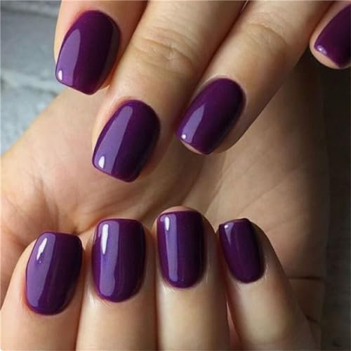 Dark Purple Color Fake Nail Short Square Tips Press on Nails for Women and Girls Nail Art Manicure 24pcs