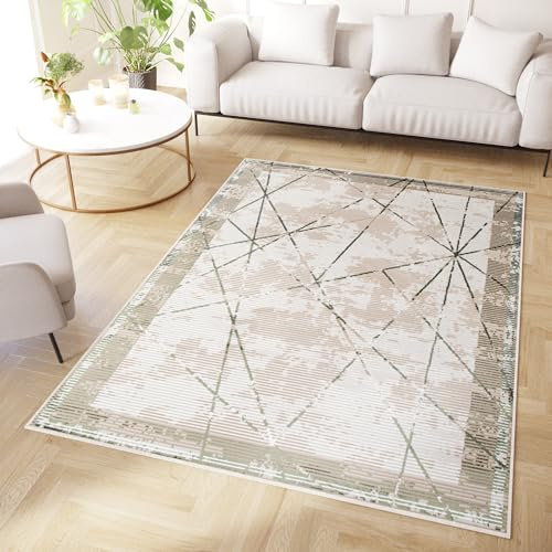 TAPISO Crystal Teppich Kurzflor Glänzend Hellgrün Beige Rahmen Streifen Geometrisch 3D Effekt Wohnzimmer Schlafzimmer Modern Design ÖKO-TEX 250 x 350 cm