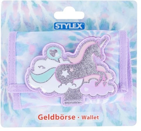 Stylex 47071 - Porte-Monnaie pour Enfants avec Un Design Pastel, Bleu-Lilas et Patch Licorne argenté, env. 12,5 x 9 x 2,5 cm