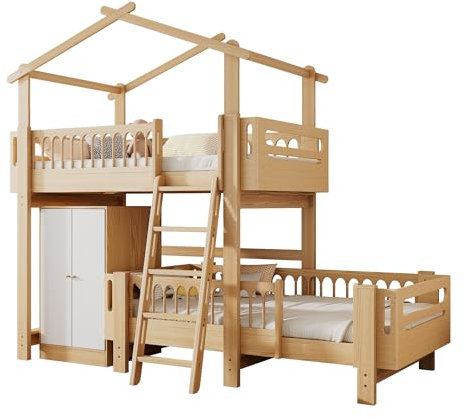 Azkoeesy Etagenbett für Kinder und Jugendliche, mit bewegliches Unterbett, mit Schrägleiter, Hausbett, Kinderbett, Jugendbett, Kiefernholz, Natur, 90 x 200 cm (2)