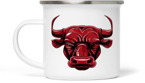 Dropful Vintage Red Bull Weiß Emaille Becher - 354 ml, langlebig und elegant, Ideal für Kaffee, Tee und heiße Getränke
