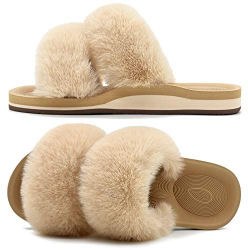 COFACE Hausschuhe Damen Fell Schlappen Bequem Flauschige Hausschuhe für Damen Winter Sommer Warme Plüsch Pantoffeln Offene Puschel Damen Puschen 39