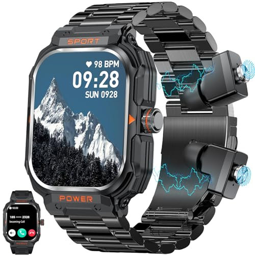 Neue Militär Smartwatch für Herren mit TWS Headset Bluetooth Anruf Outdoor Sport Fitness Aktivitätstracker Gesundheitsmonitor Musikuhr für iPhone Android (Schwarz)