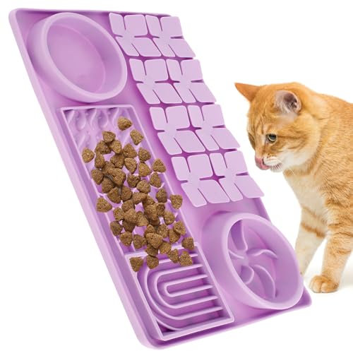Schleckmatte Hund 39.5x26x4cm Slow Leckmatte Hund Gross mit 3 x Snackbereiche, 2 x Schüsseln, 1 x Versteckter, Essensbereich Schleckmatte Katze Hund Silikon für Feeder Training (Lila)