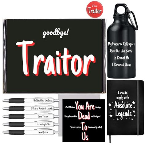 New Job and Leaving Presents for Colleagues Bundle of Water Bottle, Pen Pack, Notebook and Card - 9 Funny Leaving Gifts for Men - Good Luck in Your New Job - Sorry Your Leaving