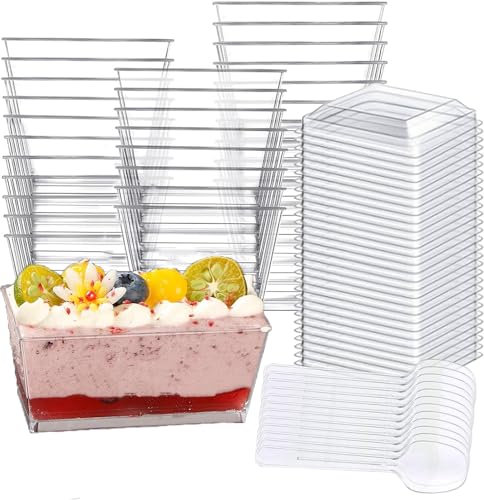 Cobenga 100 Pcs Dessert Cups With Lids +100 Pcs Spoons, 140 ml Rectangle Set, Mini Reusable Clear Plastic Serving Bowl for Pudding Party
