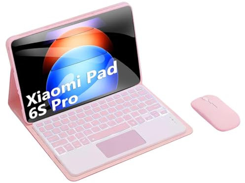 HLTOOP Funda con Teclado para Xiaomi Pad 6S Pro (2024) 12,4 Pulgadas, Contener Ñ,Teclado Bluetooth Retroiluminado de 7 Colores con Panel Táctil, Cubierta Trasera De TPU Suave, Ratón Bluetooth,Rosado