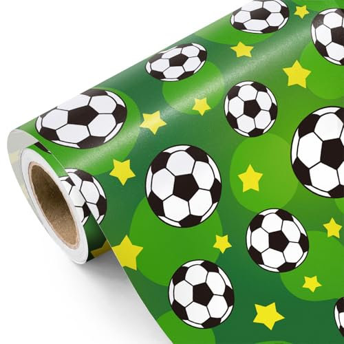 WRAPAHOLIC Fußball-Geschenkpapierrolle – Mini-Rolle – 43,2 cm x 2,4 m – Sport-Fußball mit Sternen-Design, perfekt für Geburtstag, Party, Urlaub