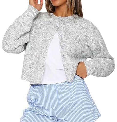 Womens Y2K Cardigan Sweaters Long Sleeve Open Front Button Down Crop Sweater Solid Knit Pullover Fall Outfits Tops (Light Gray, S)