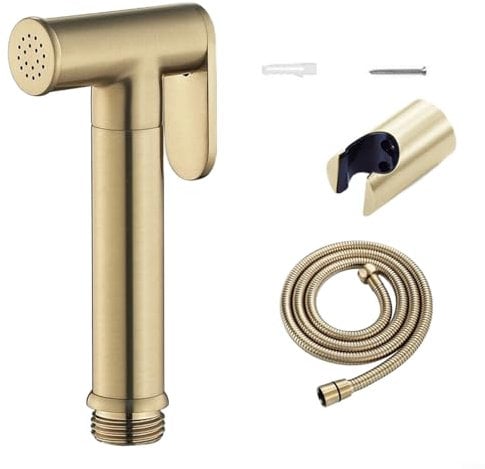 Brushed Gold Brass Douche Spray Set, Bathroom Hand Held Toilet Bidet Spray, Wall Mounted Bidet Shower Head Kit with Stainless Steel Hose