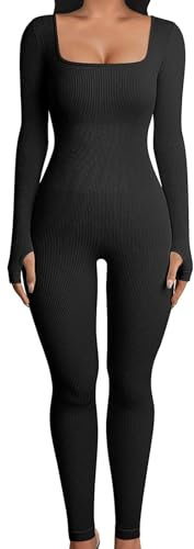 OYIGELZ Yoga Jumpsuit Damen Einteiligem Gerippte Strick Langarm Sport Workout jumpsuits Hosenanzug Trainingsanzug Eckigem Ausschnitt Figurbetontem Kuscheliger Overall(Schwarz-J,M)