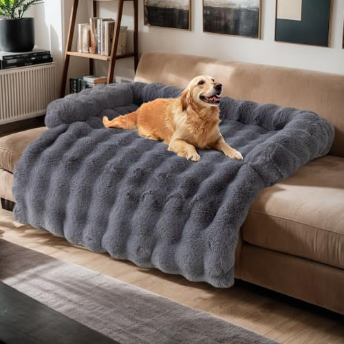 OKYUK Hundebett, super bequemer Hundekorb, Hundesofa, Sofabezug, Handwäsche, rutschfest, geeignet für Hunde (Langes Haar dunkelgrau, L 90 x B 90 x H 13 cm)