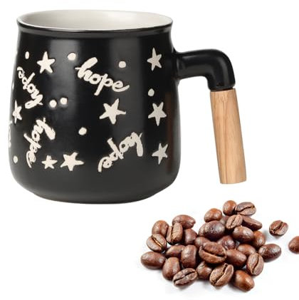 MACHUMA Ceramic Mug with Artisan Wooden Handle - 350ML Coffee and Tea Cup - Ideal for Home or Office Use - Unique Gift Idea (Black)