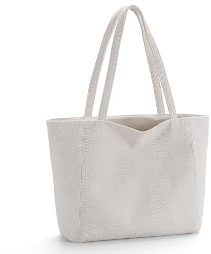 VOESLD Shopper Tasche Damen Tote Bag, Cord Tasche mit vielen Fächern,Shopping Stofftasche mit Reißverschluss, Handtasche Tragetasche Damen, Canvas Beuteltasche College Beige
