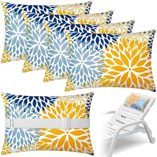 Lineshading Kopfkissen für Chaiselongue mit Gurt, wasserdicht, Nackenkissen, Kopfstütze mit verstellbarem Gummiband für Strandkorb, Gelb, Blumenmuster, 4 Stück