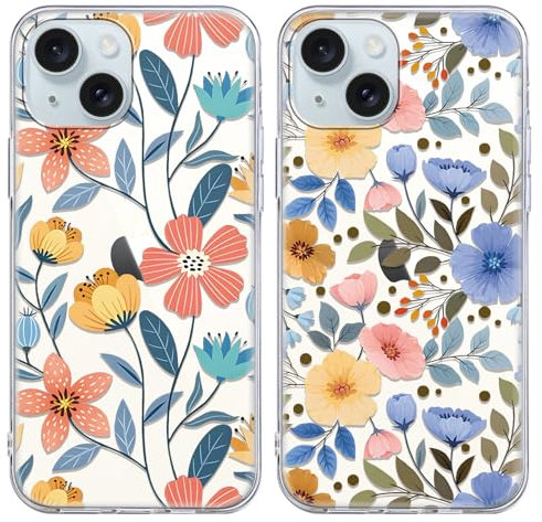 Coiwxmoi 2 Pezzi Cover per Apple iPhone 15 con Disegni Fiore Motivo 6,1, Ultra Sottile Trasparente Silicone TPU Custodia per iPhone 15 Antiurto Antigraffio Protettiva Case per Donne Ragazza, Fiori9
